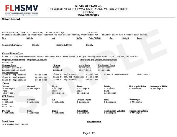 Florida Driving Record Sample